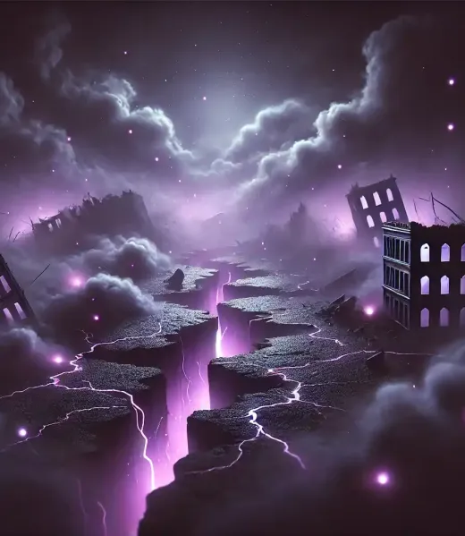 DALL·E 2024-10-15 23.07.41 - A dark, dream-like scene representing an earthquake in a dream. The image should feature deep purples and blacks, creating a surreal and ominous atmos